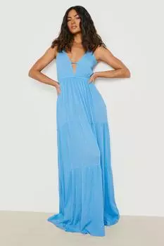 Пляжное платье макси с глубоким вырезом и складками boohoo, синий