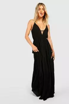 Пляжное платье макси с глубоким вырезом и складками boohoo, черный