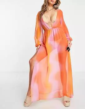 Пляжное платье макси с глубоким вырезом и длинными рукавами ASOS DESIGN