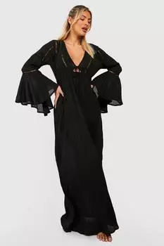 Пляжное платье макси с завязками и оборками на рукавах boohoo, черный
