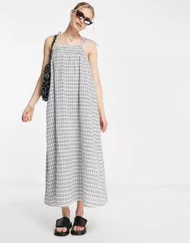 Пляжное платье макси со сборками в моно-клетку Topshop