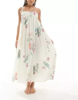 Пляжное платье макси трапеции с открыточным принтом ASOS