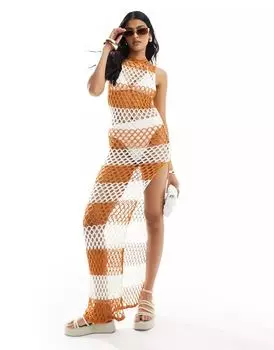 Пляжное платье макси в полоску без рукавов ASOS цвета ржавчины и слоновой кости ажурной вязки