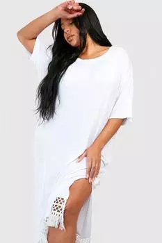 Пляжное платье Midaxi Plus с кисточками и кисточками, связанное крючком boohoo, белый
