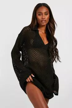 Пляжное платье-поло крючком boohoo, черный