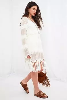 Пляжное платье-прикрытие с кисточками и V-образным вырезом и длинными рукавами Joe Browns, белый