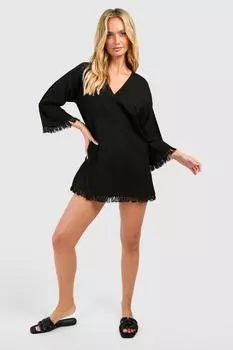 Пляжное платье-прикрытие с необработанными краями из льна boohoo, черный