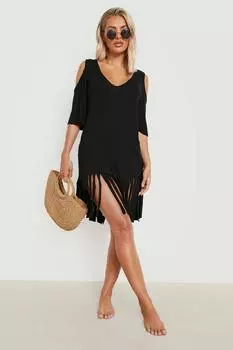 Пляжное платье с кисточками и открытыми плечами и вырезами boohoo, черный