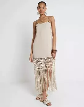 Пляжное платье с кисточками в технике макраме кремового цвета River Island