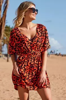 Пляжное платье с леопардовым принтом завязкой на талии и V-образным вырезом Sosandar, красный