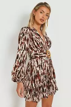 Пляжное платье с поясом и пряжкой из рафии и пряжкой тай-дай boohoo, коричневый