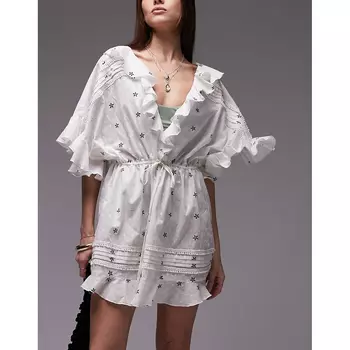 Пляжное платье Topshop Embroidered Floral Print Dobby, белый