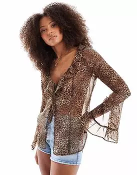 Пляжное шифоновое платье Miss Selfridge с завязками спереди и леопардовым принтом