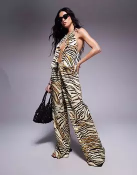 Пляжные брюки Gia из сатина ASOS DESIGN с анималистичным принтом