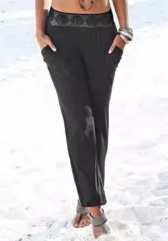 Пляжные брюки LASCANA, пояс и карманы связаны крючком, брюки из джерси, эластичные, удобные, черный