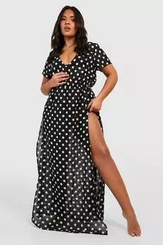 Пляжный кафтан Plus Polka Maxi boohoo, черный