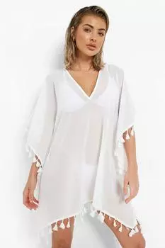 Пляжный кафтан с кисточками boohoo, белый