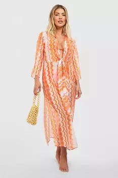 Пляжный кафтан с узлом и принтом Geo Print boohoo, оранжевый