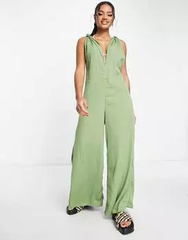 Пляжный комбинезон цвета хаки с широкими штанинами и узлом ASOS DESIGN