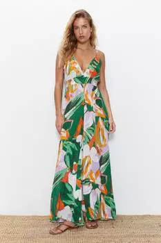 Пляжный комбинезон из вискозы с тропической вышивкой и завязками на спине Warehouse, зеленый