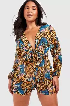 Пляжный комбинезон Plus с тропическими животными boohoo, коричневый