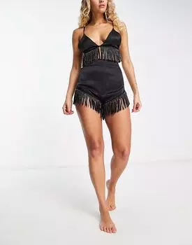 Пляжный короткий комбинезон с кисточками ASOS DESIGN черного цвета