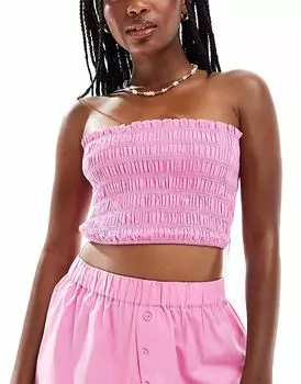 Пляжный топ-бандо из хлопка ASOS DESIGN Kaye ярко-розового цвета со сборками