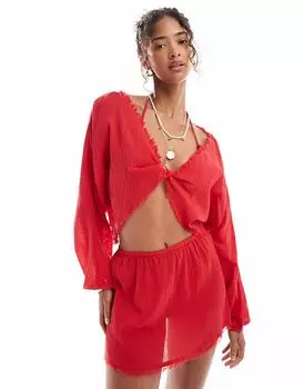 Пляжный топ из хлопка ASOS DESIGN Mira с завязками спереди красного цвета