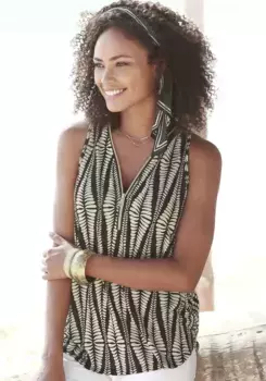 Пляжный топ LASCANA с застежкой-молнией и принтом по всей поверхности, летняя блузка, цвет Schwarz-Sand-Bedruckt