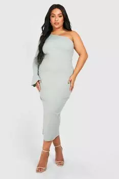 Плюс Бенгалинское платье мидакси на одно плечо с расклешенными рукавами boohoo, зеленый