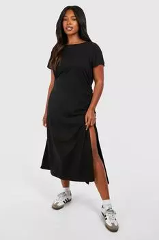 Плюс хлопковое платье-футболка со сборками boohoo, черный