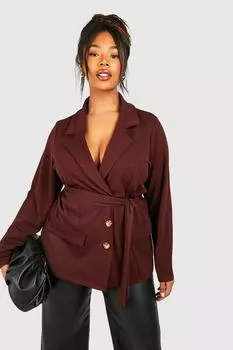 Плюс креповый пиджак с поясом boohoo, коричневый