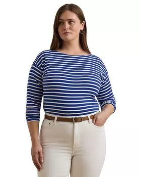 Плюс Полосатый хлопковый трикотажный топ с вырезом-лодочкой Ralph Lauren, синий