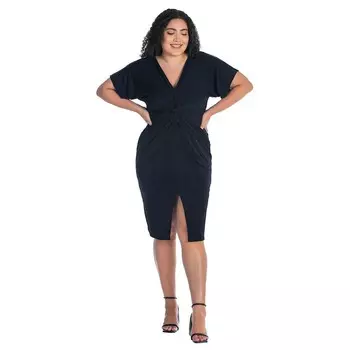 Плюс размер 24Seven Comfort Apparel Платье с короткими рукавами и v-образным вырезом, закрученным спереди и разрезом подол, черный