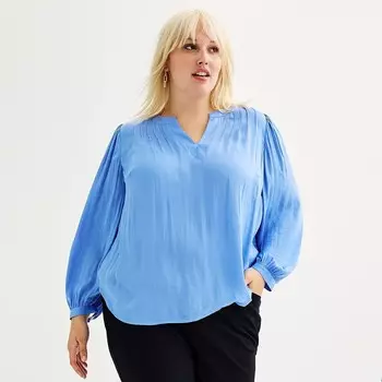 Плюс размер Атласная блузка Nine West с Y-образным вырезом и защипами, цвет Bea Blue