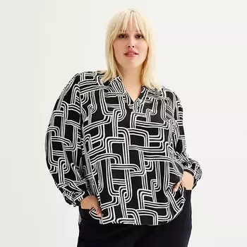 Плюс размер Атласная блузка Nine West с Y-образным вырезом и защипами, цвет Black Small Relinks