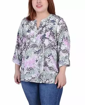 Плюс размер блузка с рукавом 3/4 с выступом на пуговицах топ NY Collection, мульти
