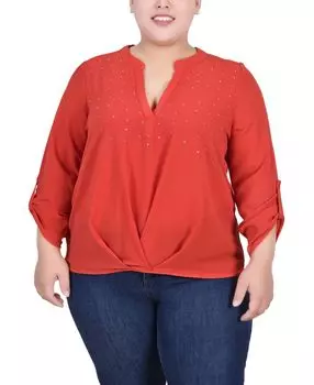 Плюс размер блузка с воротником-стойкой и рукавами 3/4 со складками спереди NY Collection, мульти