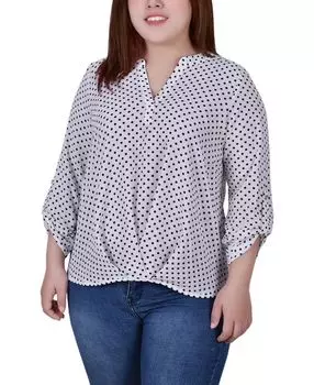 Плюс размер блузка с воротником-стойкой и рукавами 3/4 со складками спереди NY Collection, мульти