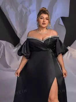 Плюс Размер Черное классическое вечернее платье с открытыми плечами и бриллиантовой цепочкой (Heavy Duty) Glamrae, черный