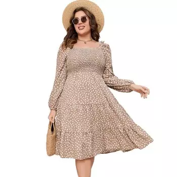 Плюс размер Цветочные платья Женское платье макси с квадратным вырезом и длинными рукавами и струящимися рюшами MISSKY, цвет Apricot Spot