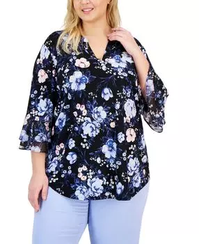 Плюс размер цветочный топ с v-образным вырезом и рукавами-крылышками Kasper, мульти