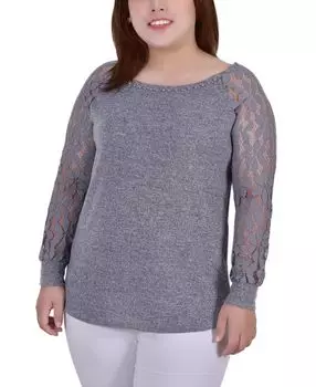 Плюс размер длинный кружевной топ с рукавами NY Collection, мульти