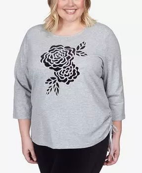 Плюс размер Drama Queen Велюровый топ с вырезом и кулиской по краю с цветочным принтом Alfred Dunner, серый