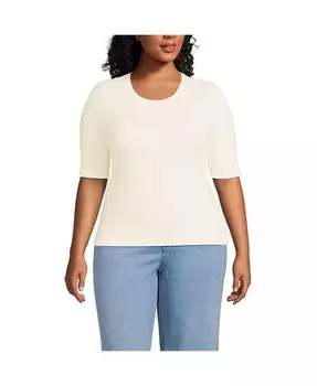 Плюс размер Драпированная рубашка в рубчик с короткими рукавами до локтя Футболка с круглым вырезом Lands' End, белый