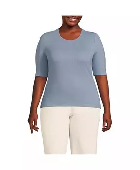 Плюс размер Драпированная рубашка в рубчик с короткими рукавами до локтя Футболка с круглым вырезом Lands' End, синий