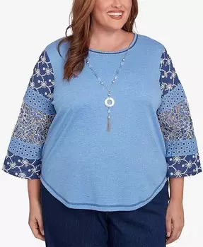 Плюс размер Free Spirit Лоскутный трикотажный топ с рукавами и ожерельем Alfred Dunner, синий