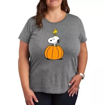 Плюс размер Футболка с рисунком тыквы Peanuts Snoopy & Woodstock Licensed Character, цвет Heather Gray