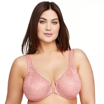 Плюс размер Glamorise Полная фигура Wonderwire Бюстгальтер из эластичного кружева с застежкой спереди 9245, цвет Brandied Apricot