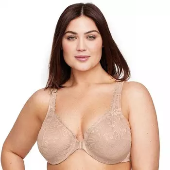 Плюс размер Glamorise Полная фигура Wonderwire Бюстгальтер из эластичного кружева с застежкой спереди 9245, цвет Cafe
